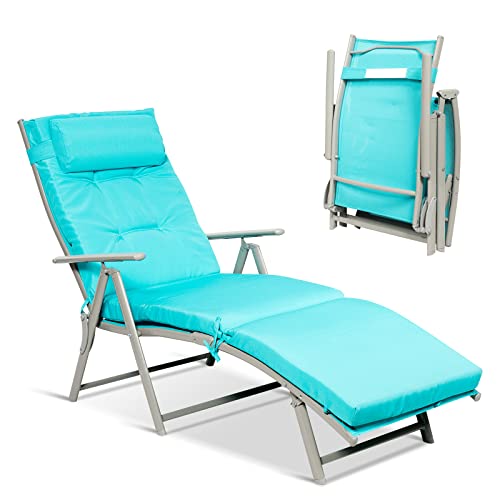 Giantex Chaise Lounge Chair for Outside, Pool Folding Reclining Beach Chair W/Removable Cushion&Headrest Pillow, Outdoor Lounge Chaise w/ 7 Backrest Positions, Portable Patio Lounger (1, Turquoise) - color: Turquoise