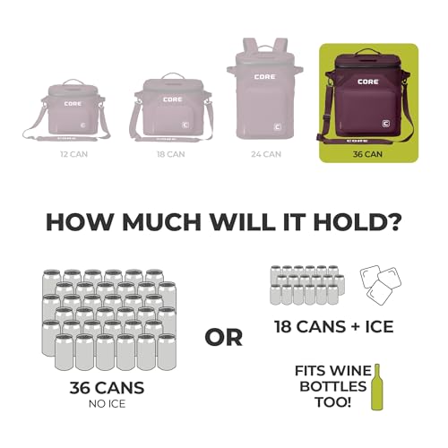 CORE Magnetic Leak Proof Soft Cooler with Waterproof Zipper | Insulated Bag Portable Ice Chest Box | Best Soft Cooler for Food & Beverages for Tailgating, Car Camping, Travel, and Family Beach Picnics - color: Mulberry, size: 36 Can