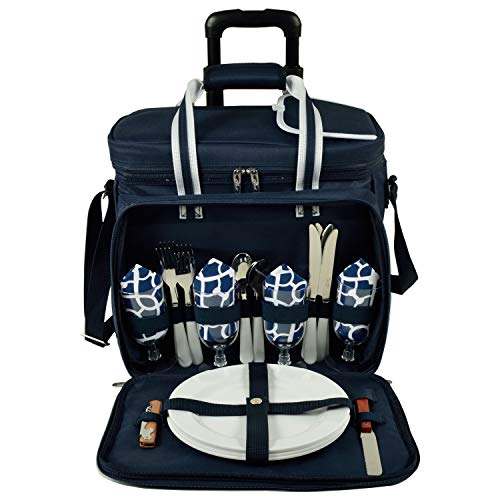 Picnic at Ascot Original Insulated Picnic Cooler with Service for 4 on Wheels-Designed & Assembled in the USA - color: Trellis Blue