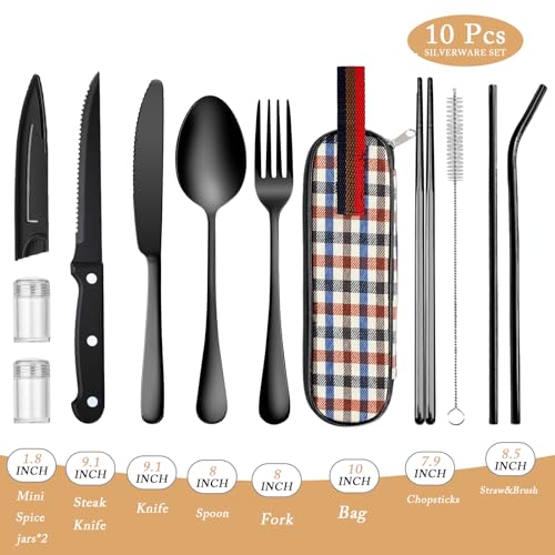 Portable Travel Utensils with Case, 10 PCS Travel Camping Cutlery Set, Reusable Utensils Set for Lunch Box for Office School Picnic - color: Black - 10 PCs