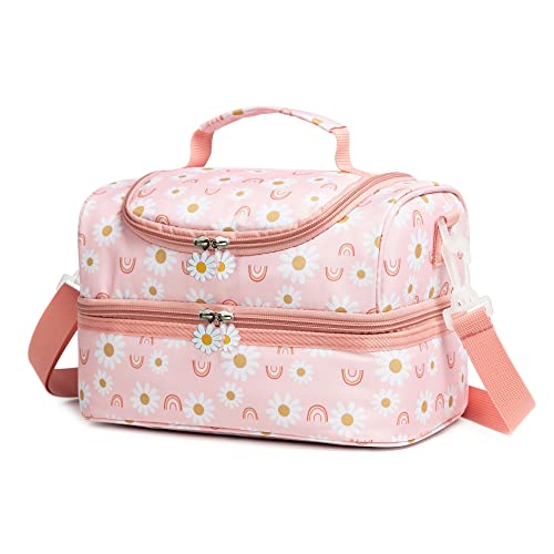 Insulated Kids Dual Compartment Lunch Bags Tote for Girls Boys Toddler Lunch Boxes Pre-School Toddler Kindergarten Elementary Picnic Food Cooler Thermal with Strap (Rainbow Daisies) - color: Rainbow Daisies