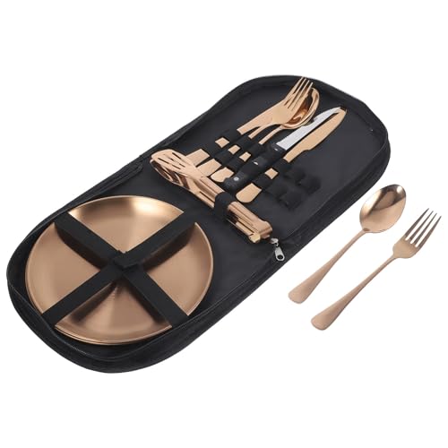 KICHOUSE 10pcs Gold Stainless Steel Outdoor Camping Flatware Set with Portable Storage Bag, Picnic Serving Silverware and Travel Utensils for Hiking and Outdoor Dining