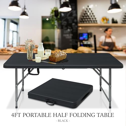 AJP Distributors 4 Foot Portable Plastic Folding Table 4FT 48" Half Foldable Heavy Duty Top w/Carry Handle - Indoor Outdoor Backyard Camping Picnic BBQ Party Wedding Dining Office Event Meeting Black - color: Black, size: 4 Foot