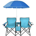 Goplus Double Camping Chair with Umbrella, Folding Loveseat Chairs w/Canopy Shade, Carrying Bag, Table, Cup Holder, Portable Beach Chairs Outdoor Picnic Patio (Turquoise) - color: Turquoise