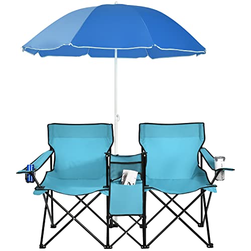 Goplus Double Camping Chair with Umbrella, Folding Loveseat Chairs w/Canopy Shade, Carrying Bag, Table, Cup Holder, Portable Beach Chairs Outdoor Picnic Patio (Turquoise) - color: Turquoise