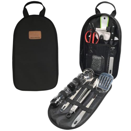 Camp Kitchen Utensil Organizer Travel Set Portable BBQ Camping Cookware Stainless Steel Utensils Travel Kit Outdoor Equipment Cutting Board Tongs Scissors Knife Ladle Spatula - color: New Version Black