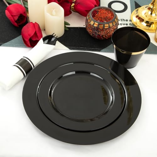 EI 350pcs Black Plastic Plates Disposable Heavy Duty Plastic Dinnerware Set Pre Silverware and Napkins Set Black and Gold Cups for Party Suit for Party,Wedding,Afternoon Tea,Spring,Valentine's Day - color: Black Plastic Plates Dinnerware
