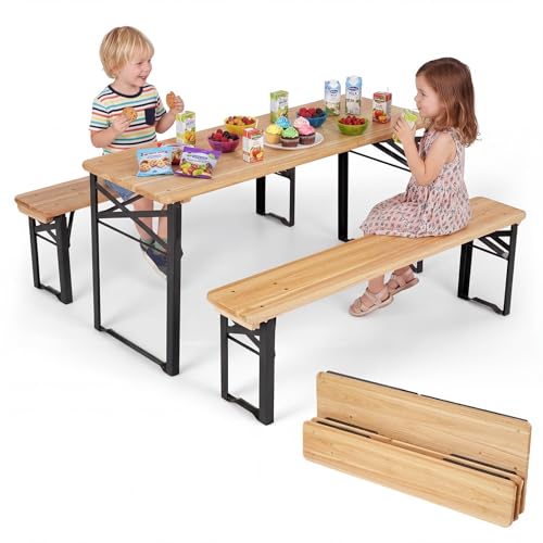 Costzon Kids Picnic Table, 43.5 Inch Folding Picnic Table with 2 Benches, Fir Wood Top & Metal Frame, No Assembly 3-Piece Portable Kids Indoor/Outdoor Furniture for Patio Backyard Daycare (Black) - color: Black
