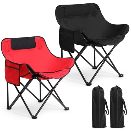 2 Pack Compact Camping Chairs Portable Folding for Outside with Carry Bag Lightweight Moon Chairs for Travel Picnic Hiking Beach Fishing, 600D Oxford, Supports 330lbs(Red, Black) - color: Red, Black