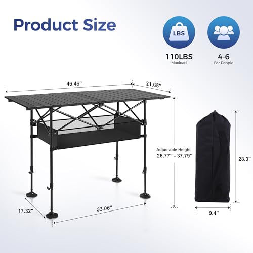 ALPHA CAMP Camping Table Outdoor Portable Adjustable Aluminum Table with Storage for Grill Travel Picnic Beach BBQ Backyards