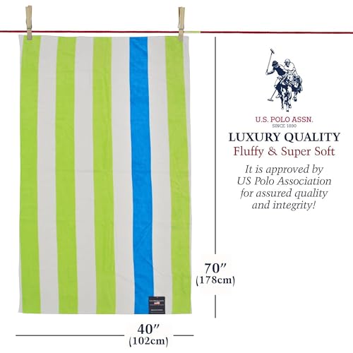 U.S. Polo Assn. Oversized (40” x 70”) Striped Nautical Design Beach Towel - Luxury Plush Cotton Hotel Quality for Bath, Pool - Cabana Stripe Green/Tuq - color: Cabana Stripe Green/Tuq, size: 40" x 70"
