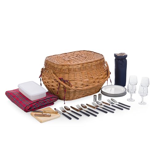 Highlander Picnic Basket, (Red & Blue Tartan Pattern)