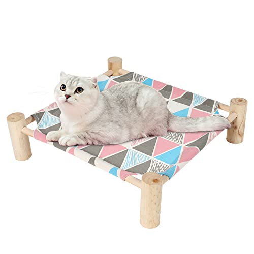 Patas Lague Cat and Dog Hammock Bed for Small Dogs, Brethable Wooden Cat Pet Rabbit Elevated Cooling Outdoor Bed Cots Furniture for Summer Monstera Leaf - color: Triangles