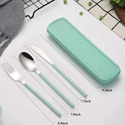 Portable Home Utensils Reusable Flatware Set with Case, Stainless Steel Metal Travel Cutlery Lunch Tableware 3 Fork 3 Spoon 3 Knife with Colored Handle(Fork Spoon Knife 3 sets, Green+Pink+Blue) - color: M Green+Pink+Blue - 3 Sets