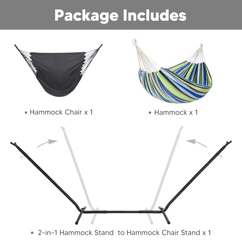 SUNCREAT 2-in-1 Convertible Backyard Fabric Hammock with Stand, Large Hammocks for Outside, Patented, Light Green Stripes - color: A-light Green Blue