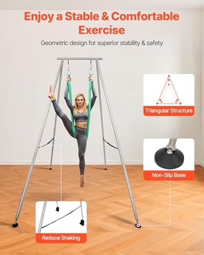 VEVOR Yoga Stand Frame, Max 441-551 lbs Load Swing Stand, Triangular Structure Aerial Rig, Aerial Silk Stands with Yoga Hammock, Standard & Height-Adjustable Version - color: Steel Silver, style: Standard Version