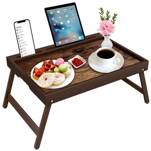 Bamboo Breakfast Tray with Foldable Legs & Detachable Stand | Ergonomic Handle | Portable Bed Tray for Eating, Working, Laptop, Tablet, and Phone（Vintage Walnut） - color: Normal, size: Large