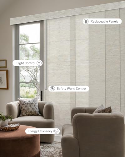 Graywind Manual Sliding Panels Natural Woven Panel Track Blinds Wand Control Window Blinds for Patio Sliding Glass Door Large Windows Width Up to 153", Custom Size (Moonlight) - color: Natural Moonlight