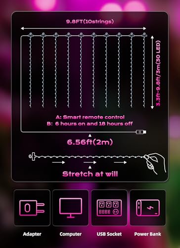 Brightown 300 LED Pink Fairy Curtain Lights, 9.8ft x 9.8ft String Lights, USB Plug in 8 Lighting Modes Christmas String Hanging Lights with Remote for Bedroom Indoor Outdoor Party Xmas Pink 1 Pack - color: Pink, size: 1 Pack-300 LED