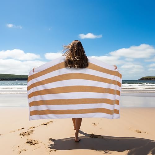 COTTON CRAFT Oversized XL Beach Towel - 2 Pack 39 x 68 inches Big & Huge Beach Blanket Towel - 100% Cotton Velour Thick Plush 450 GSM Super Soft Luxury - Pool Picnic Bath Towel - Cabana Stripe Linen - color: Cabana Stripe - Linen, size: 2 Pack - 39x68