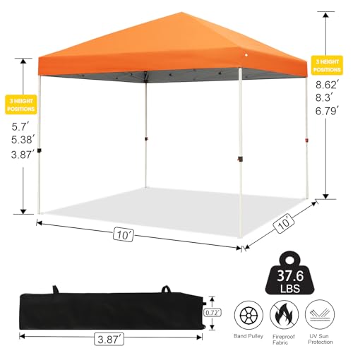 Northroad 10x10ft Pop Up Canopy, Popup Outdoor Canopy Tent with Wheeled Carrying Bag,Portable Gazebo Shelter for Patio,Deck,Garden,Beach（Orange） - color: Orange, size: 10x10