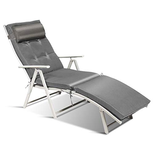 Tangkula Outdoor Folding Chaise Lounge Chair, Lightweight Recliner Chair w/ 7 Adjustable Backrest Positions, Patio Reclining Beach w/Removable Cushion & Pillow for Patio Poolside No Assembly Required - color: Grey
