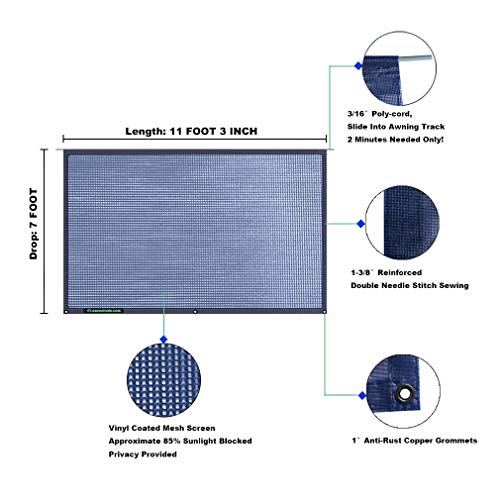 Tentproinc RV Awning Sunshade Screen 7' X 11' 3''(Fit for 12 ft Awning) Mesh Sun Shade for Motorhome Camping Trailer Awning Sunscreen Block UV Glare Sunblocker - 3 Year Warranty (Navy Blue) - color: Navy Blue, size: 7' x 11'3'' -Actual Measurement
