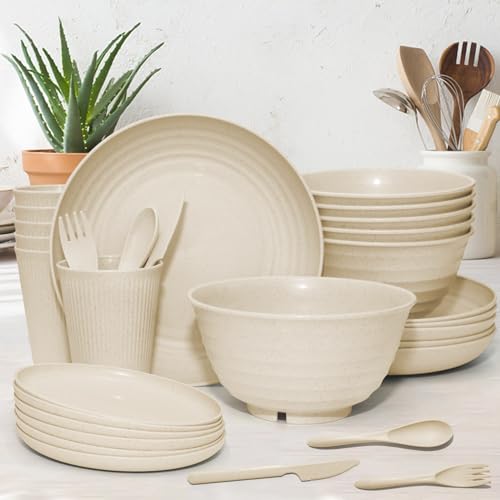 SHECIPIN 42-Piece Wheat Straw Dinnerware Set, Large Round Plates, Bowls and Cups, Unbreakable dish set, Dishwasher and Microwave Safe, Outdoor Dishes (Beige) - color: Beige