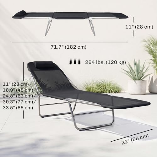 Outsunny Folding Chaise Lounge Pool Chairs, Outdoor Sun Tanning Chairs with Pillow, Reclining Back, Steel Frame & Breathable Mesh for Beach, Yard, Patio, Black - color: Black