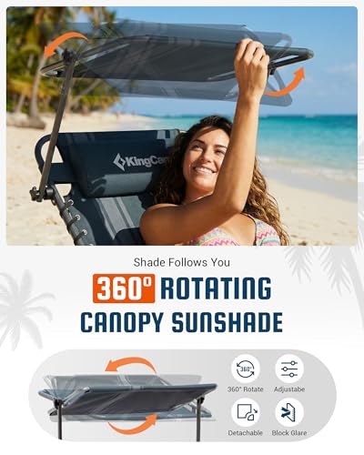 KingCamp Lounge Chair with face Hole & Canopy Shade, 400LBS Folding Portable Tanning Chair with face Hole, Adjustable 5-Position Foldable Beach Sun Tanning Chair for Outside Beach Patio Outdoor Pool - color: C*skyshade Canopy——blue/Grey Canopy, style: 400
