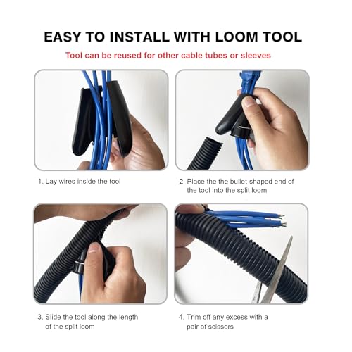 10ft - 3/4 inch Flame Retardant Split Wire Loom Tubing with Installation Tool - Flexible Wire Covers Cord Protectors - Black - size: 3/4"-10ft