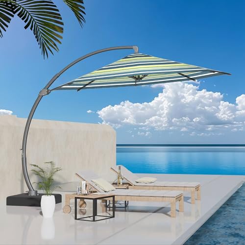 Kingdura 12ft Offset Cantilever Patio Umbrella with Base Included, Large Round Aluminum Outdoor Umbrella, 360° Rotation & Infinite Tilt, Heavy Duty Frame for Deck Pool Backyard, Green Stripe - color: Green Stripe, size: 12 FT