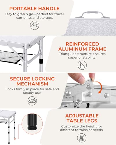 Sportneer Camping Table: Adjustable Height Small Folding Table 23.6" L x 15.7" W 4 Height with Mesh Layer - Compact & Portable Camping Essentials for Outdoor Camp Garden Picnic BBQ Dining Cooking - color: White, size: 23.6"L x 15.7"W (4 Height)