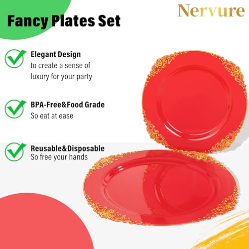 Nervure 350PCS Red Plastic Plates - Red Gold Plastic Dinnerware Sets for 50 Guests - 100 Gold Disposable Plates, 50 Pre Rolled Silverware Sets, 50 Cups Perfect for Wedding & Party & Mothers Day - color: Red and Gold
