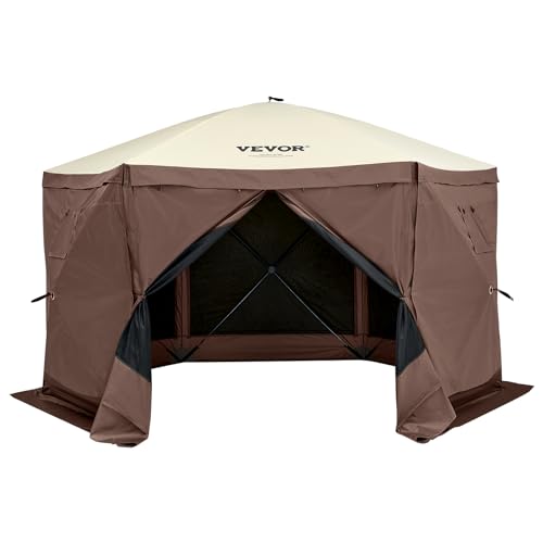 VEVOR Pop Up Gazebo Screen Tent 6 Sided Canopy Sun Shelter with 6 Removable Privacy Wind Cloths & Mesh Windows, 11.5x11.5FT Quick Set Screen Tent with Mosquito Netting, Brown - color: Brown, size: 11.5x11.5ft