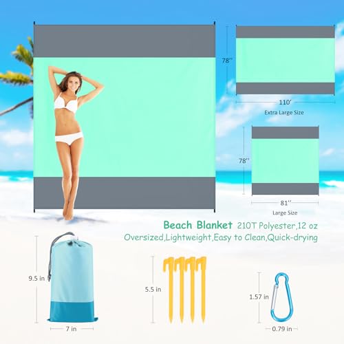 Beach Blanket Waterproof Sandproof 1-7 Adult Oversized 78 '' × 110 '' Lightweight Durable Compact Sand Free Extra Large Beach Mat for Travel Camping Hiking Picnic Blanket - color: Greengrey, size: 78“x110”