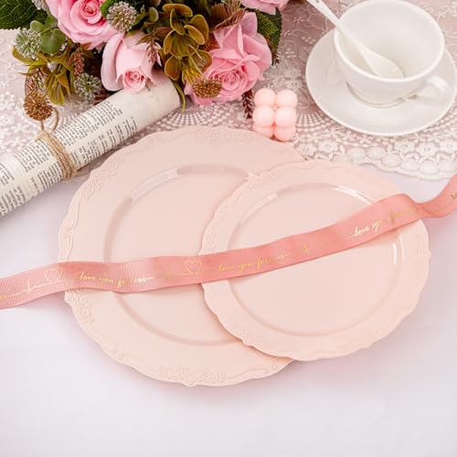 U-QE 100PCS Mauve Pink Plastic Plates - Heavy Duty Pink Disposable Plates for Mothers Day, Party, Baby Shower, Wedding - Serving 50 Guests Include 50PCS 10'' Dinner Plates & 50PCS 7.5'' Dessert Plates - color: Mauve Pink