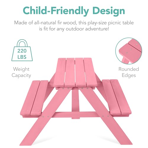 Best Choice Products Wooden Kids Picnic Table with Umbrella, Outdoor Activity Table Set with Built-in Benches, 220 lb Capacity per Bench - Pink - color: Pink