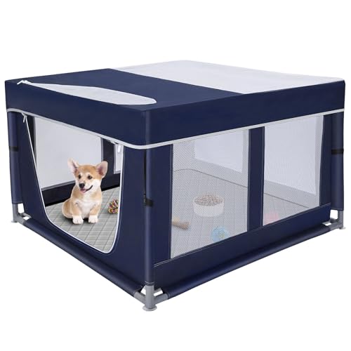 42 × 42 inch Dog Playpen with Pee Pad, Soft Puppy Playpen, 25 Height Pet Playpen for Small Dogs and Small Animals, Dog Fence Indoor, Play Yard with Zipper Door - style: 42inch Dog Playpen with Top and Pee Pad