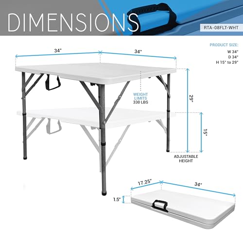 34” Square Folding Table, Small Folding Table with Easy-Carry Handle, White