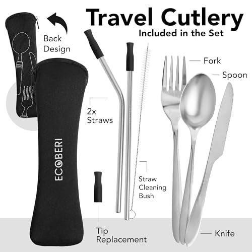 Travel Utensils Set with Case 4 Pack, Reusable Stainless Steel Portable Cutlery (Fork, Spoon, Knife, Straws & Cleaner) for Work, Dorm, Camping, Lunch Box, Compact Durable Silverware by Ecoberi - color: Black-Grey