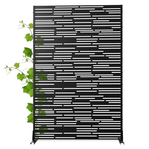 Modern Metal Privacy Screen, Patio Outdoor Privacy Panels with Stand, Freestanding Outdoor Divider for Yard, Deck＆Garden(71.3"*47.3"*15.7") - color: Black,Barcode