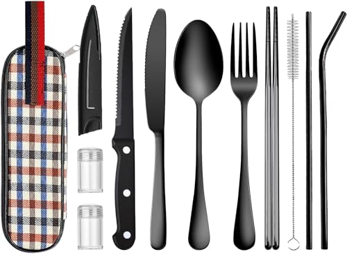 Portable Travel Utensils with Case, 10 PCS Travel Camping Cutlery Set, Reusable Utensils Set for Lunch Box for Office School Picnic - color: Black - 10 PCs