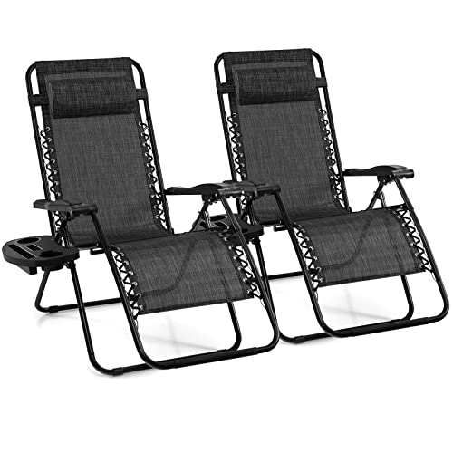Giantex 2 PCS Zero Gravity Chair, Outdoor Chaise Lounge with Cup Holder, Patio Folding Chairs Recliner for Yard Pool Lawn Balcony, Gray - color: Grey, size: 1 Count (Pack of 2)