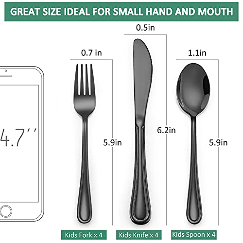 LIANYU 12-Piece Black Kids Silverware Set, Stainless Steel Toddler Utensils Flatware Set, Child Cutlery Tableware for 4, Include knife Fork Spoon, Mirror Finished, Dishwasher Safe - color: Black