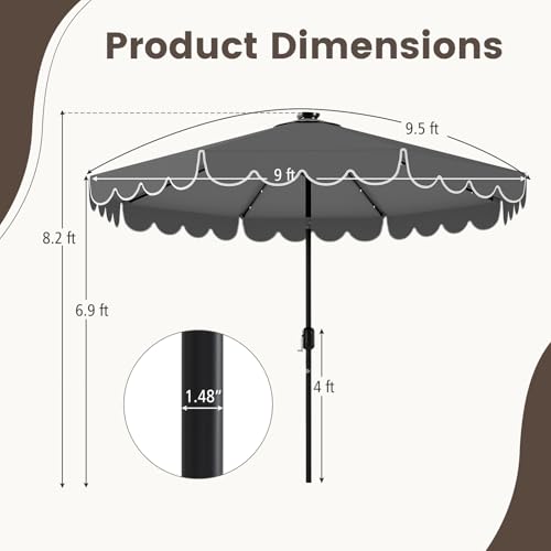 Tangkula 9 FT Solar Patio Umbrella, 2-Tiers Scalloped Outdoor Table Market Umbrella with 32 LED Lights, Vented Top, Tilt Adjustment, Crank, 8 Ribs for Backyard Poolside Deck Beach Lawn (Gray) - color: Gray, size: 9Ft