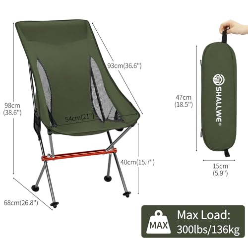 SHALLWE Camping Chairs, All Aluminum Frame Portable Folding Camp Chair for Adults, Heavy Duty High Back Collapsible with Built-in Pillow, Side Pocket, Carry Bag for Backpacking, Hiking, Beach - color: Green
