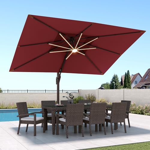 9 X 12 FT Cantilever Patio Umbrella with Led Lights Outdoor Heavy Duty Double Top Rectangle Offset Umbrellas with 360-degree Rotation for Pool Deck Backyard, Wine Red - color: Wine Red, size: 9' X12' Only Umbrella(LED)