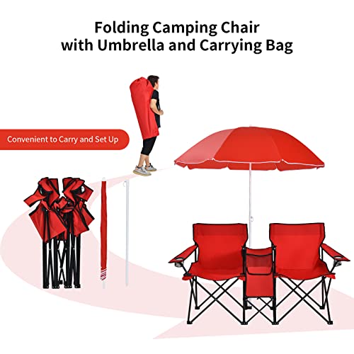 Goplus Double Camping Chair with Umbrella, Folding Loveseat Chairs w/Canopy Shade, Carrying Bag, Table, Cup Holder, Portable Beach Chairs Outdoor Picnic Patio (Red) - color: Red