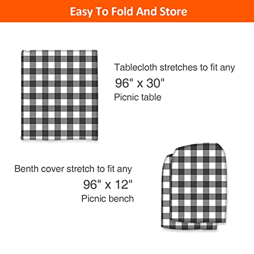 8ft Picnic Table and Bench Cover, Camping Essentials RV Gear, 96 in Waterproof Windproof Outdoor Elastic All Around Tablecloth, Fitted Rectangle Tables and Seats, Black-White Checkered - color: Black-white Checkered, size: 96"